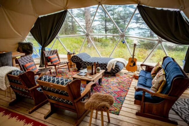 Haida Gwaii Glamping features a shared dome for socializing and surviving rough weather